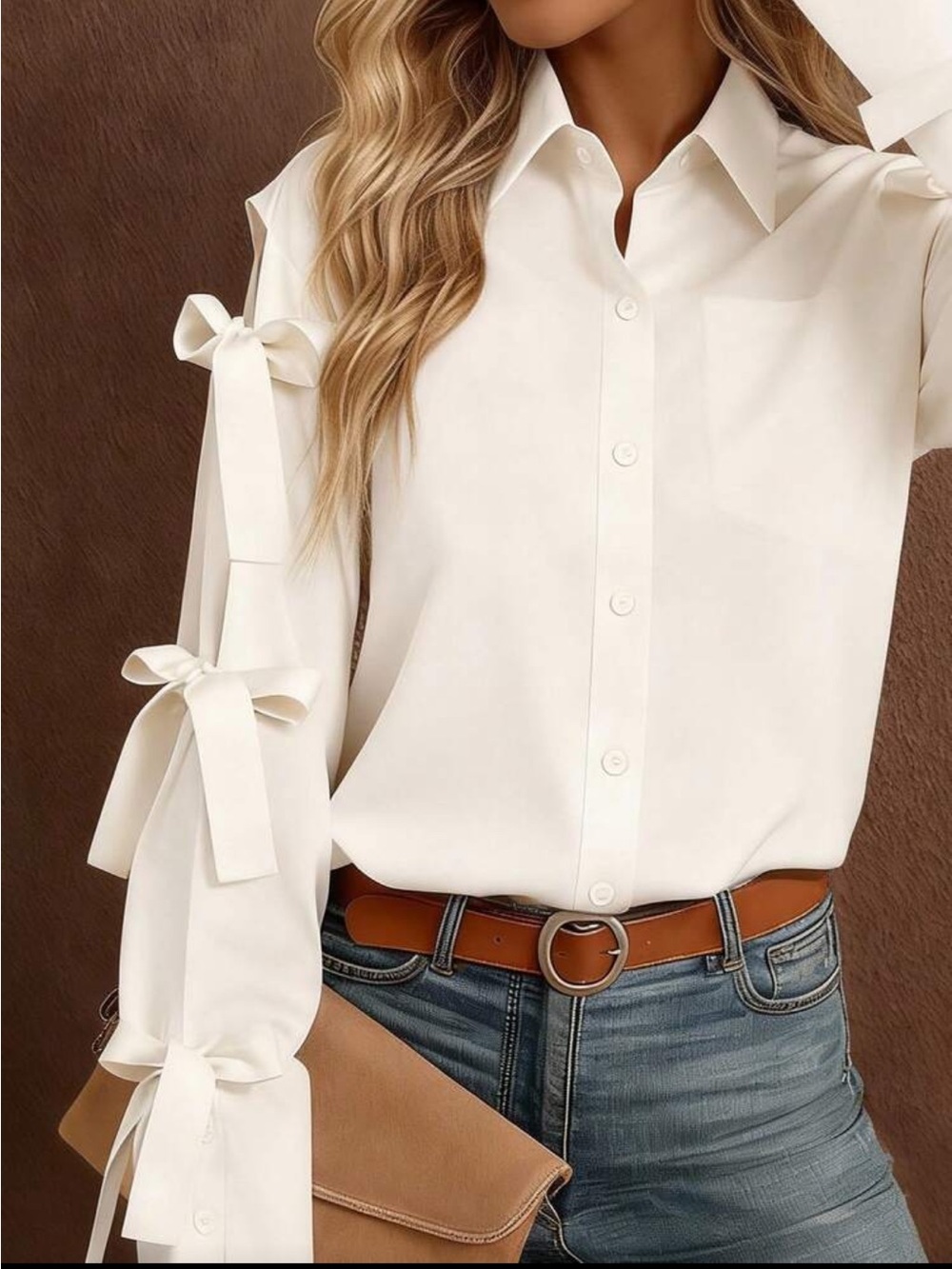 Women's Cream Bow-Tie Sleeve Button-Up Top - Picture 3 of 6